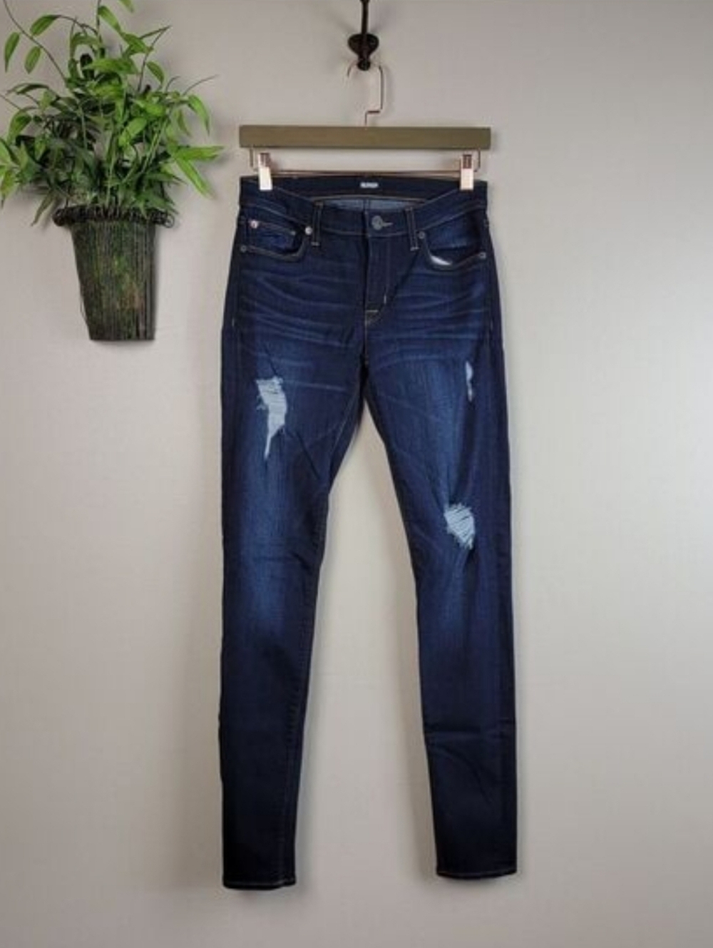Hudson 26 Krista Super Skinny Dark DHYD Wash Mid Rise Distressed Ripped Jeans